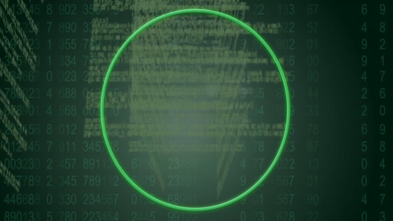 Green circle animation over scrolling digital code background in motion