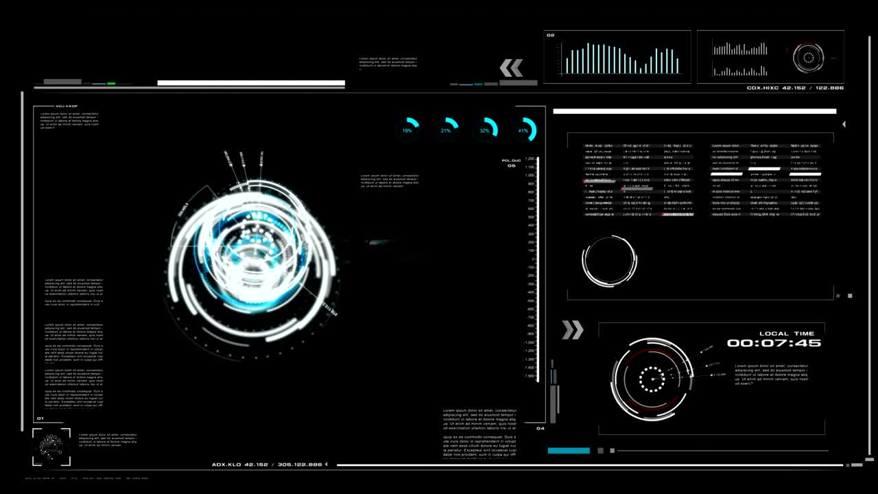 4K UI User Interface with HUD pi bar text box table black background for cyber technology and futuristic concept with grain processed