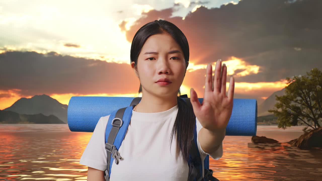 Woman refusing an offer at sunset near lake