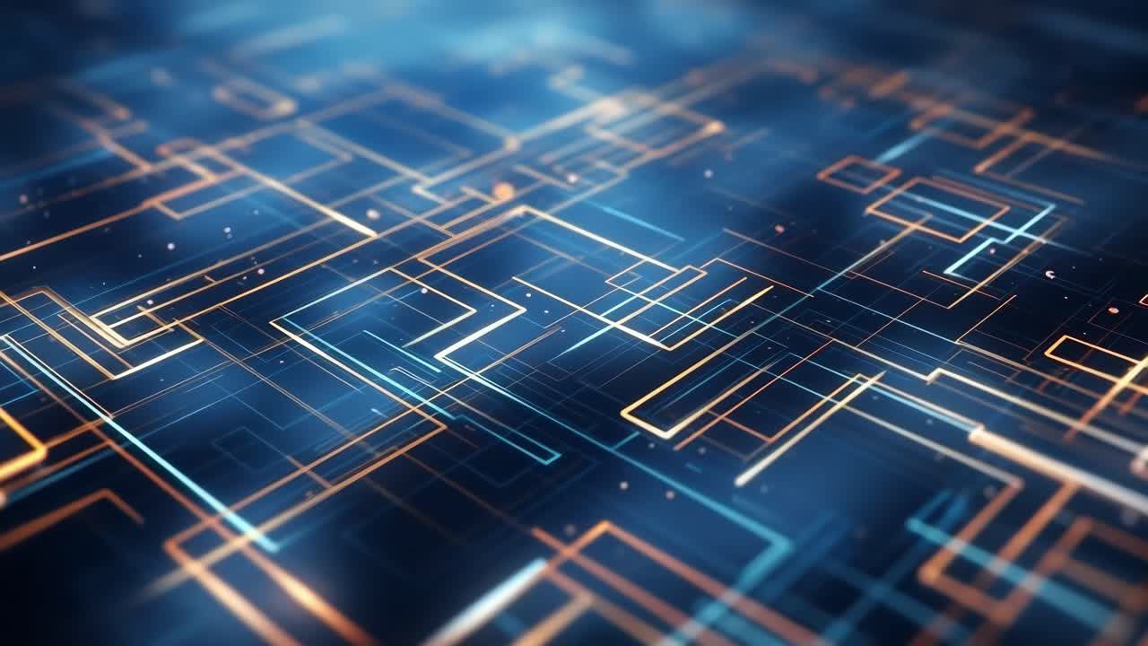 Futuristic digital grid with glowing lines, viewed from a top-down angle
