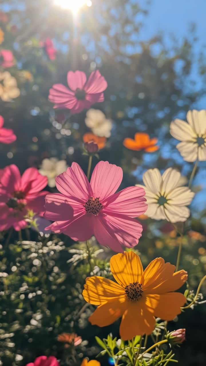 Vibrant flowers in bloom captured from a low angle, bathed in sunlight