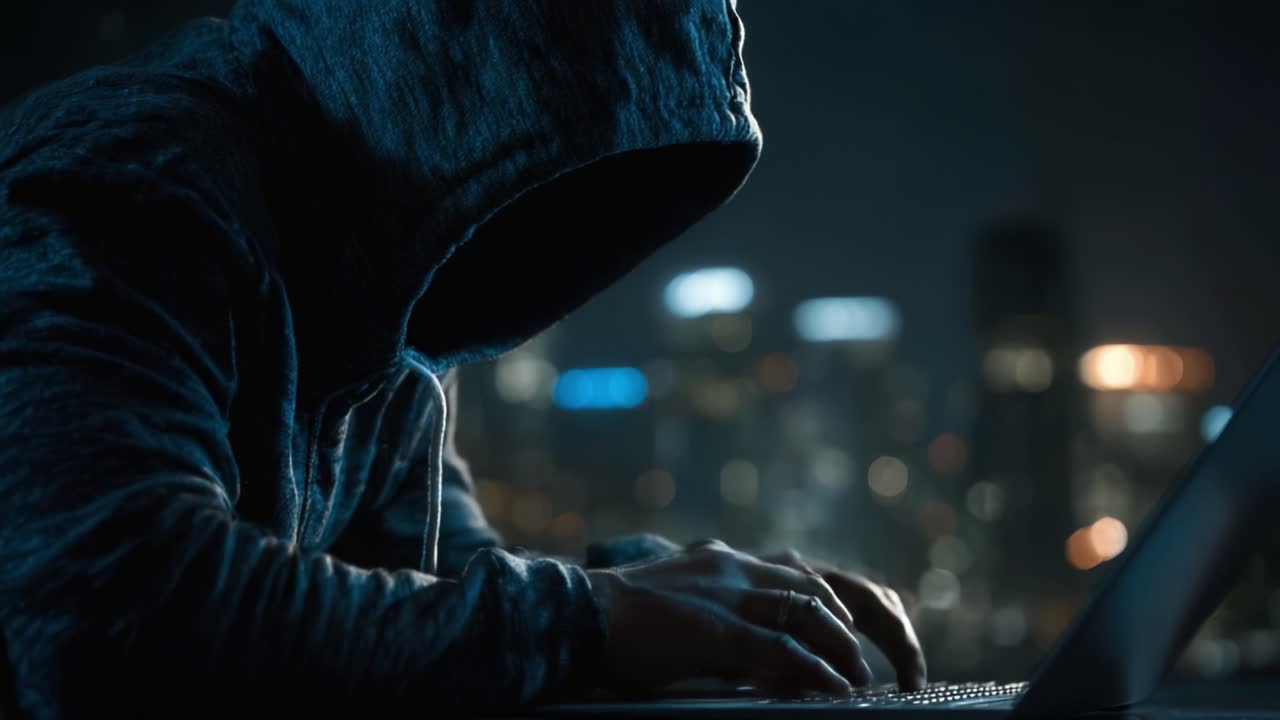 Figura Misteriosa de Moletom Curvada Sobre o Laptop Contra o Horizonte da Cidade à Noite, Engajada em uma Atividade Não Revelada Que Sugere Intriga e Sigilo.