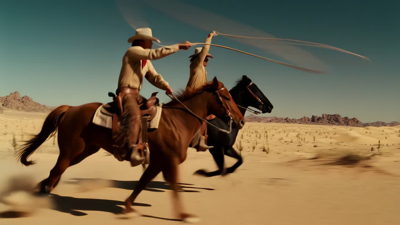 Two cowboys on horseback ride through a desert, one wielding a lasso