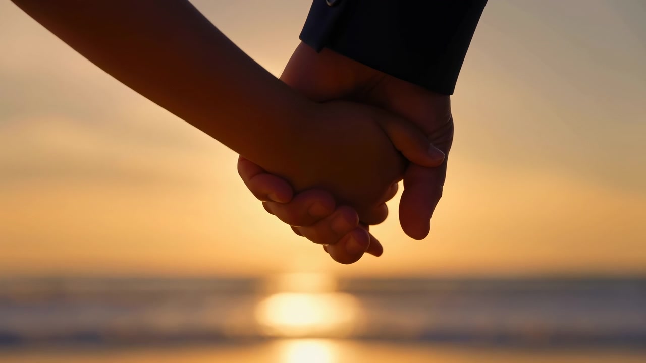 Two people hold hands with interlocked fingers beside shoreline during sunset, warm backlight, soft reflection, calm ocean horizon and intimate romantic mood conveying commitment and closeness