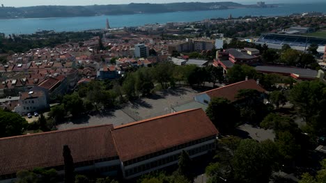 Overlooking-central-zone-of-Lisbon-and-Tagus-river-from-above-in-Portugal-by-drone