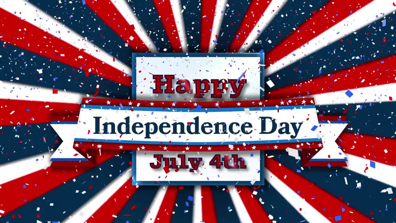 독립기념일 텍스트 위에 떨어지는 다채로운 콘페티