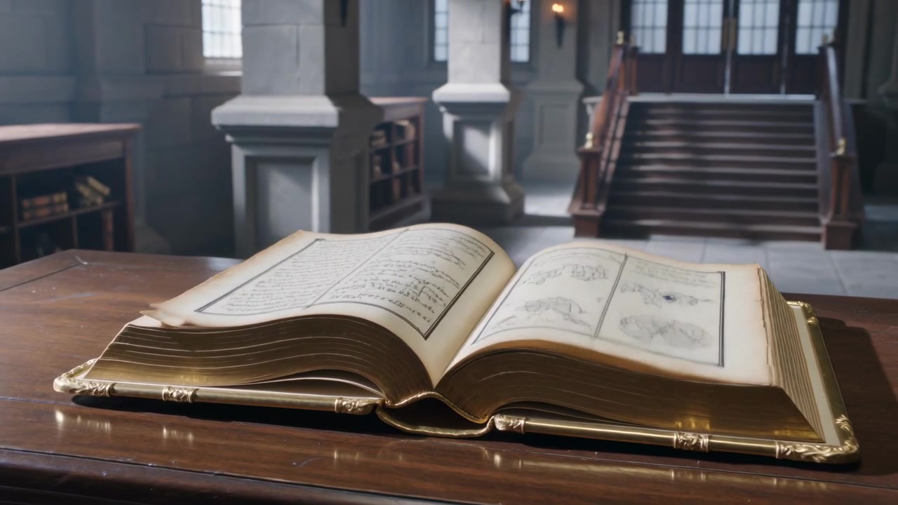 Sfogliare un grande tomo ornato, pagine che si aprono a ventaglio nella grande sala della biblioteca in pietra, brezza dalle finestre alte.