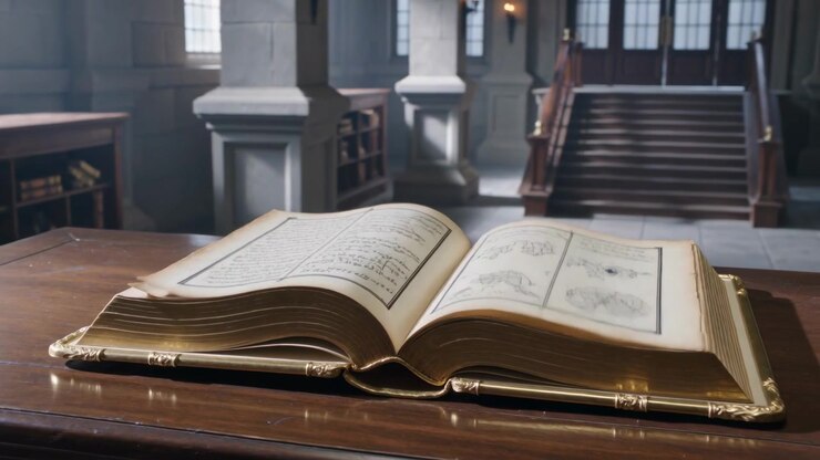Turning ornate large tome, pages fanning across grand stone library hall, breeze from tall windows