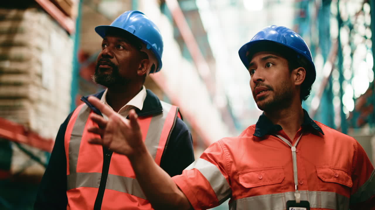 Two Male Workers in Hard Hats Discussing in a Warehouse