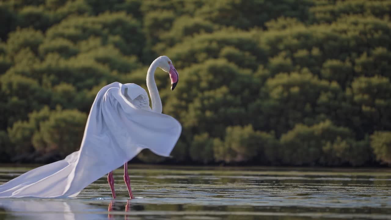 фламинго с вытянутыми крыльями в водно-болотной местности