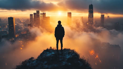 evening skyline view with silhouette against a vibrant sunset in the city