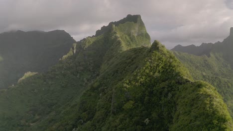 aerial parallax shot of a dramatic mountain ridge covered by lush vegetation in french polynesia