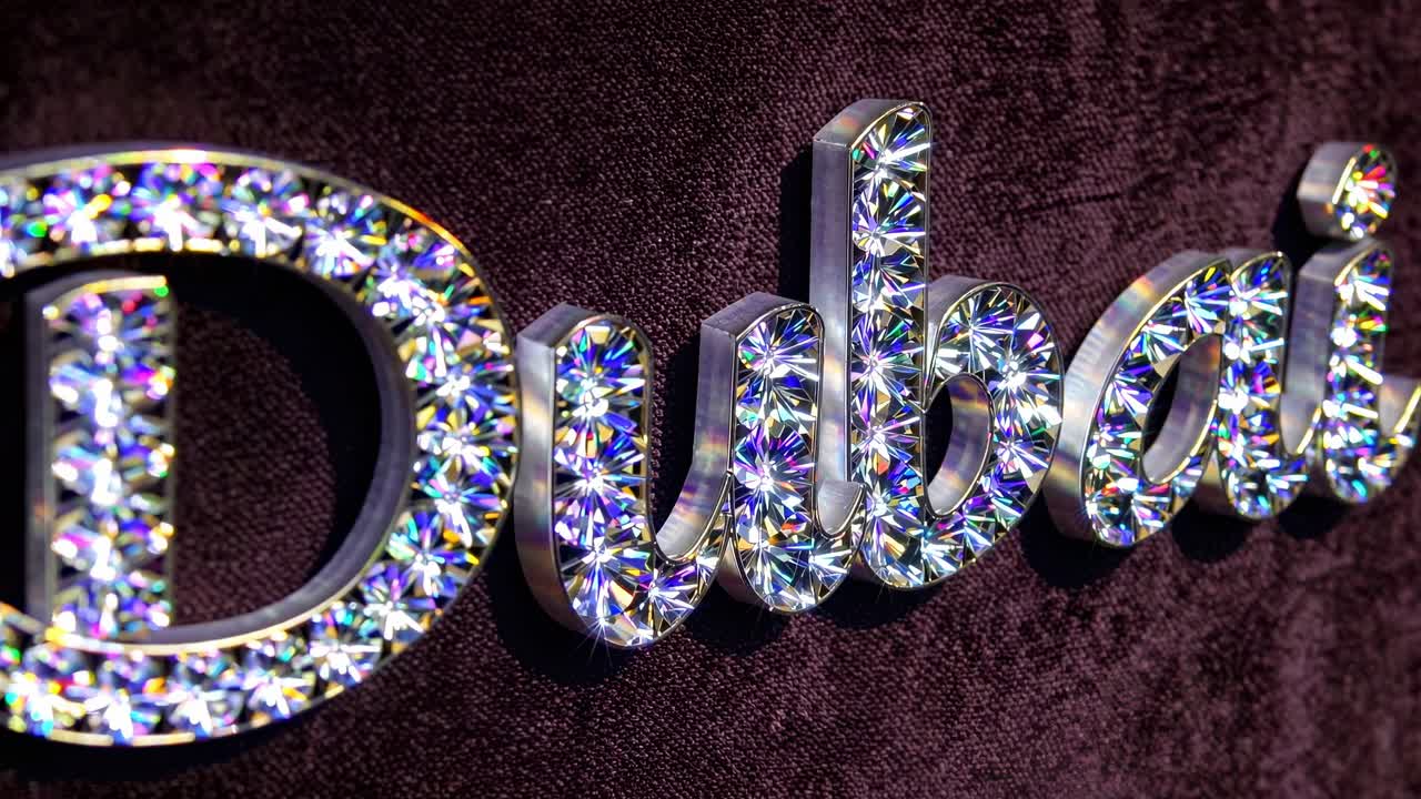 Close up of a Dubai sign encrusted with iridescent crystals, shimmering against a rich, textured backdrop, capturing the city's luxurious essence