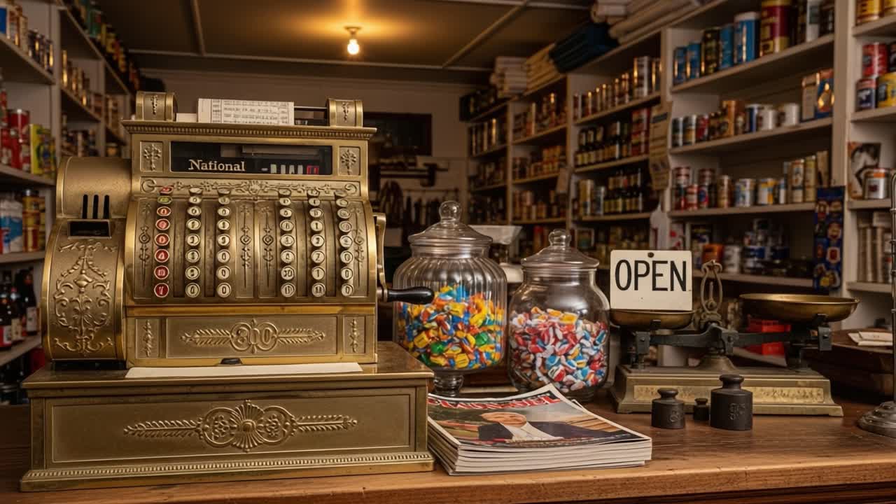 A Vintage National Cash Register in a Charming Store with Colorful Candy Containers and Abundant Shelves Filled with Groceries and Essentials