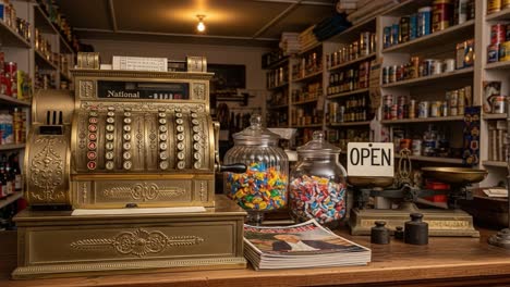 a vintage national cash register in a charming store with colorful candy containers and abundant shelves filled with groceries and essentials