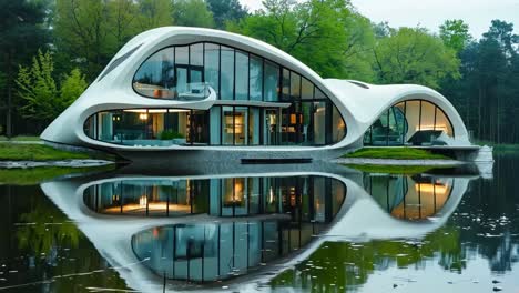 a modern house in the middle of a lake surrounded by trees