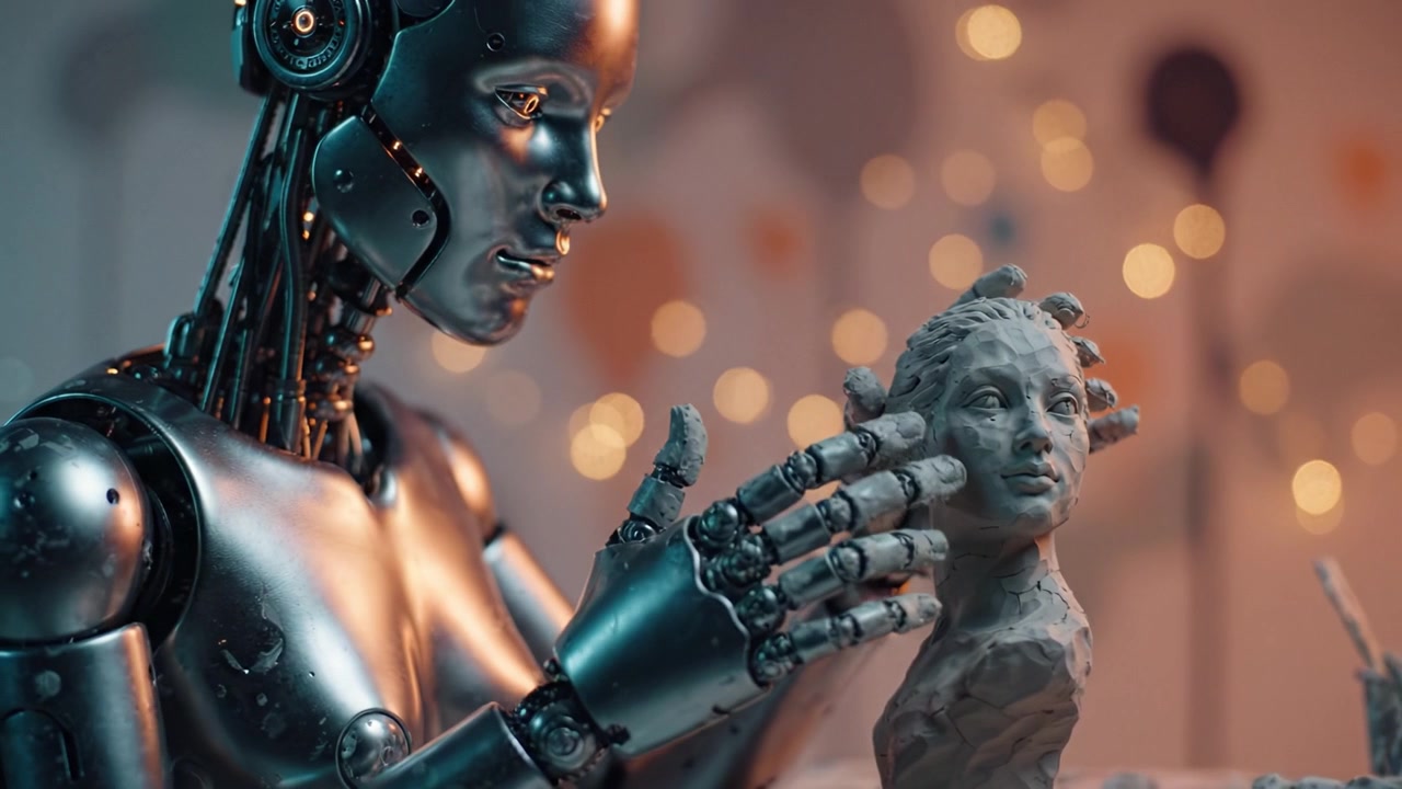 Un robot umanoide che scolpisce meticolosamente un busto d'argilla dettagliato, mostrando l'intersezione tra tecnologia e arte, illuminato da uno sfondo bokeh sognante