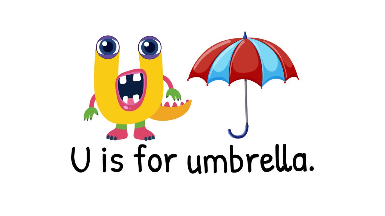 Colorful animation featuring a playful monster and umbrella illustrating the letter U. Engaging visuals with vibrant colors and cheerful mood