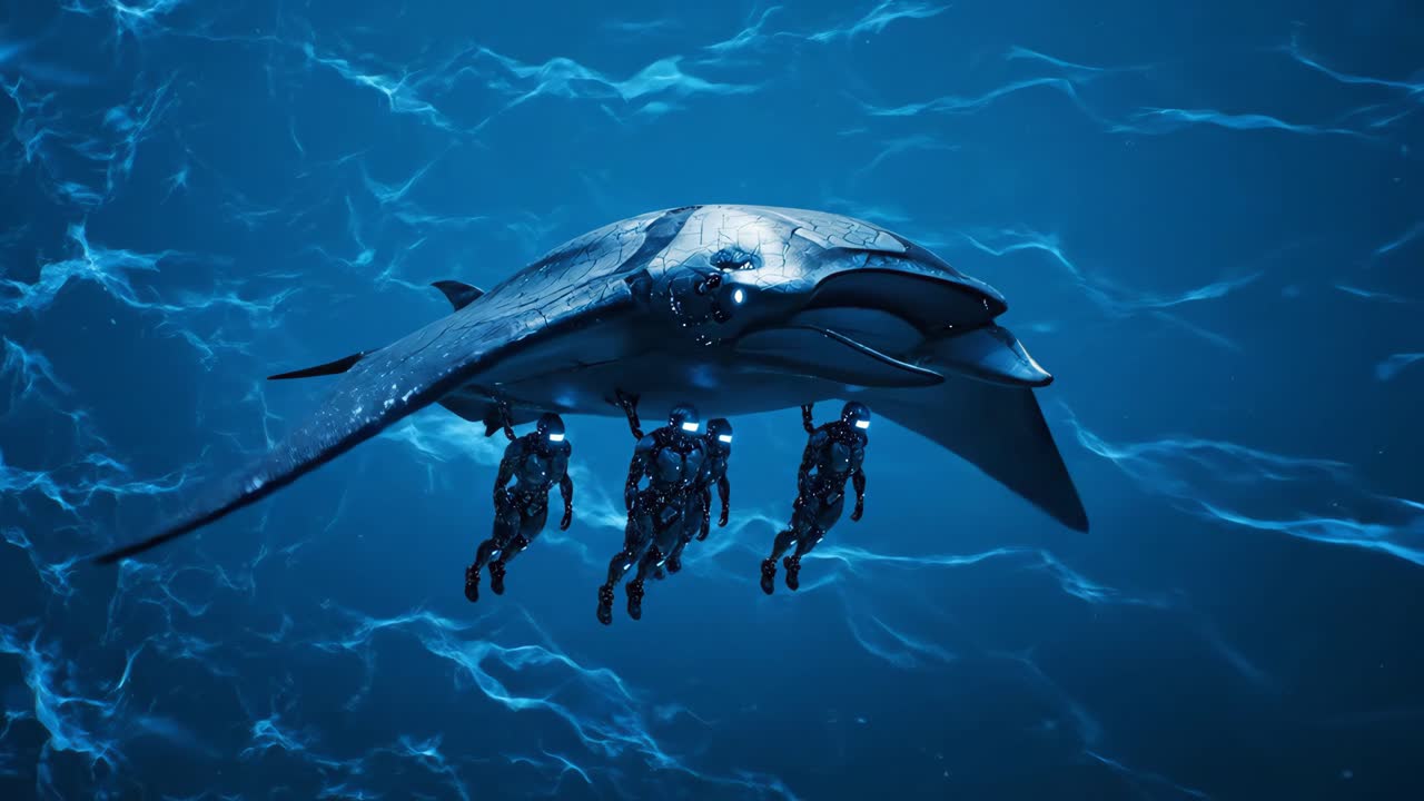 Futuristic Underwater Manta Ray with Cyborgs