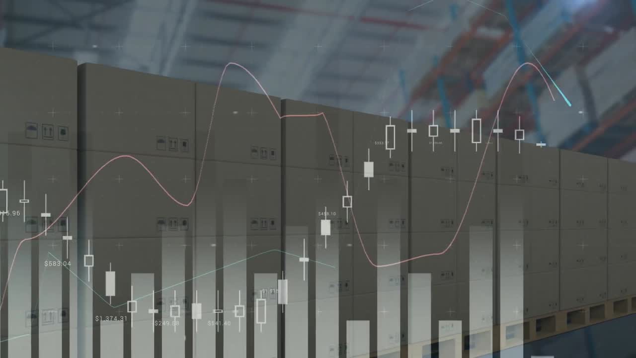 animación del procesamiento de estadísticas sobre cajas de cartón en cinta transportadora en el almacén