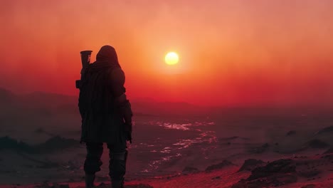 hooded figure gazing at desert sunset