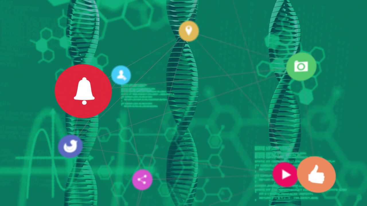 Animation of DNA strands and digital notifications on green scientific data background