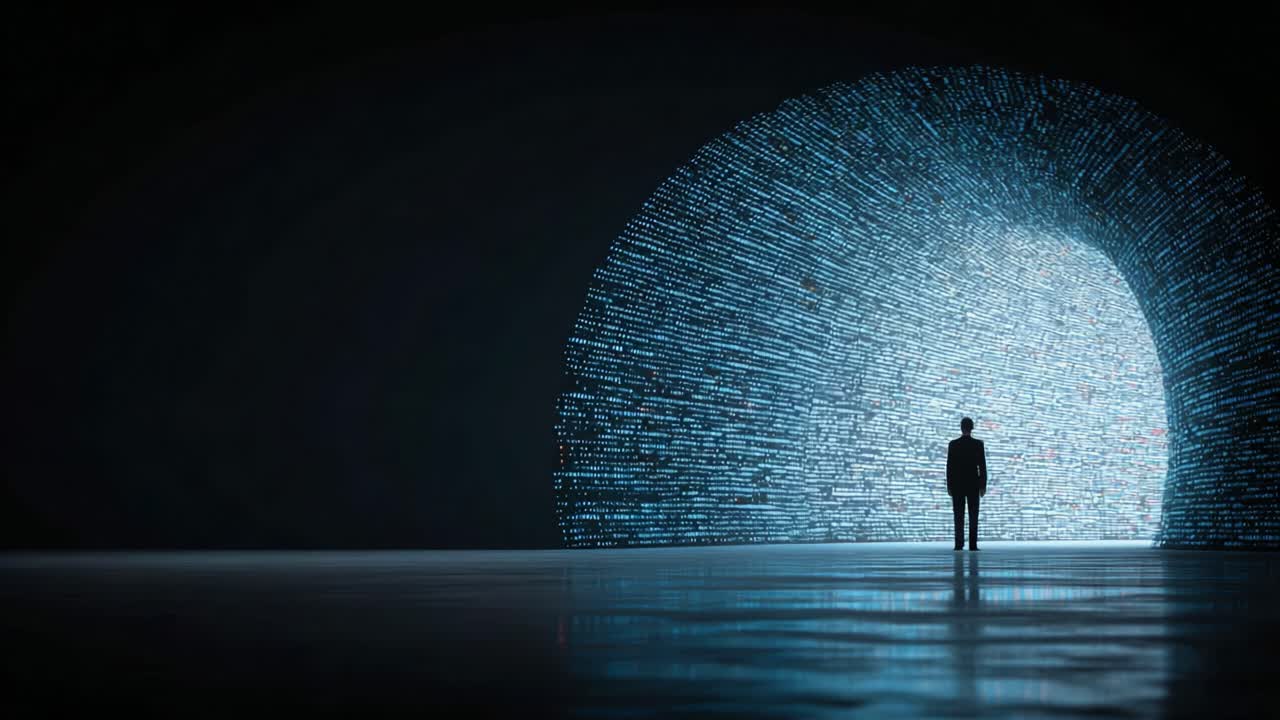 A solitary figure stands at the threshold of a digital portal, illuminated by cascading streams of binary code, symbolizing the intersection of humanity and technology