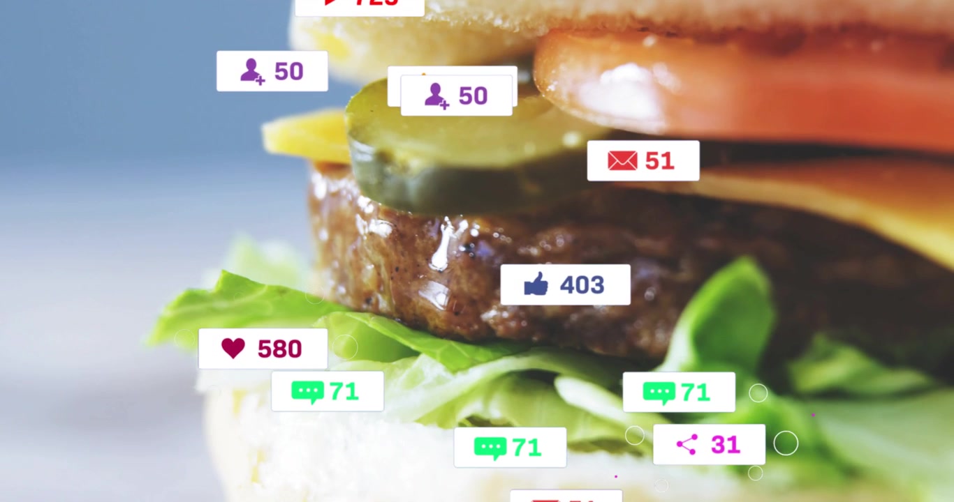 On notification surge, burger receiving badges, cursor moving, counters rising, showing engagement