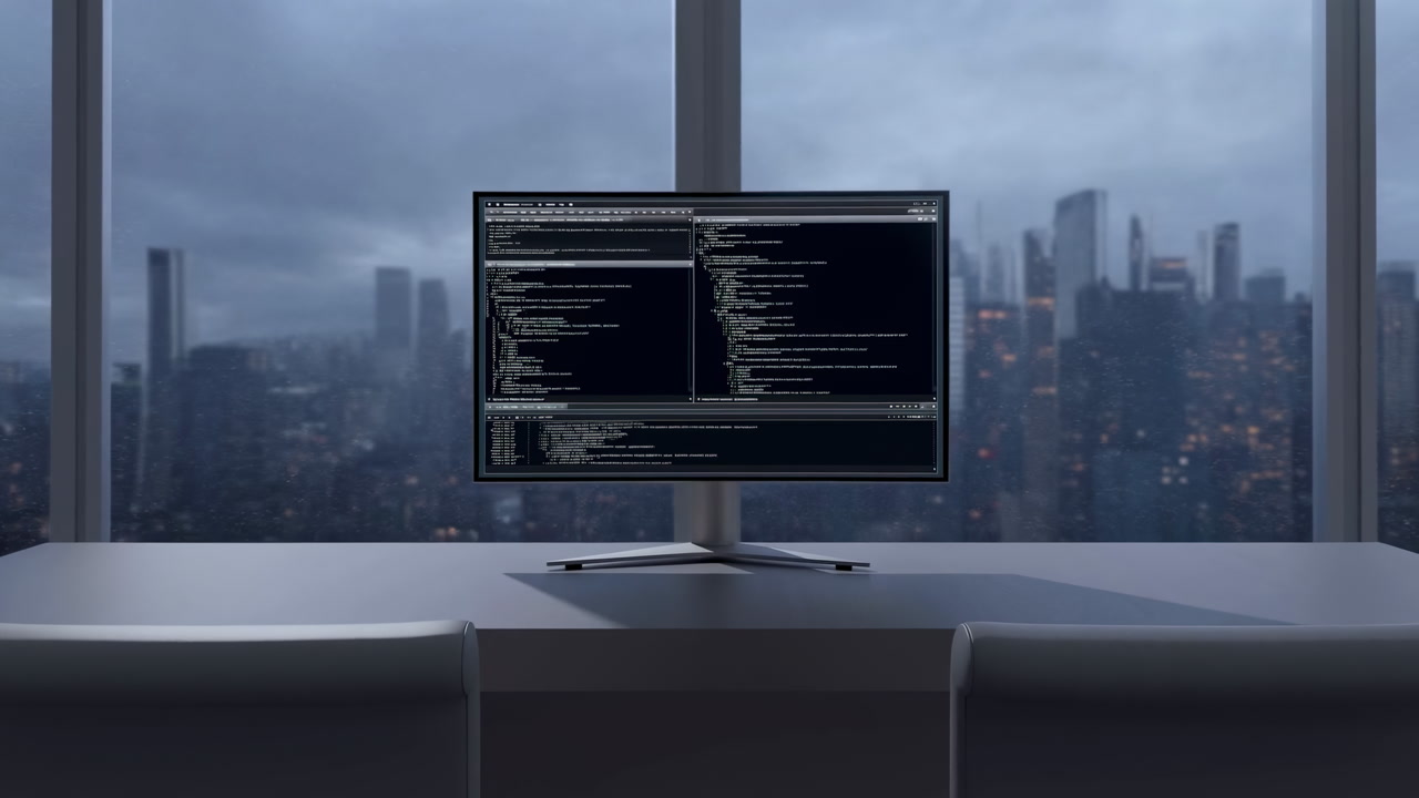 Monitor Displaying Code Against Rainy City Skyline, Empty Modern Office Desk In Foreground, Widescreen