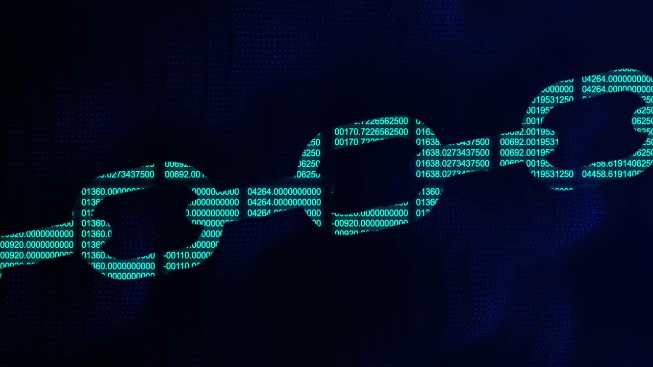 Digital animation showcases data processing and online security on a glowing blue background.