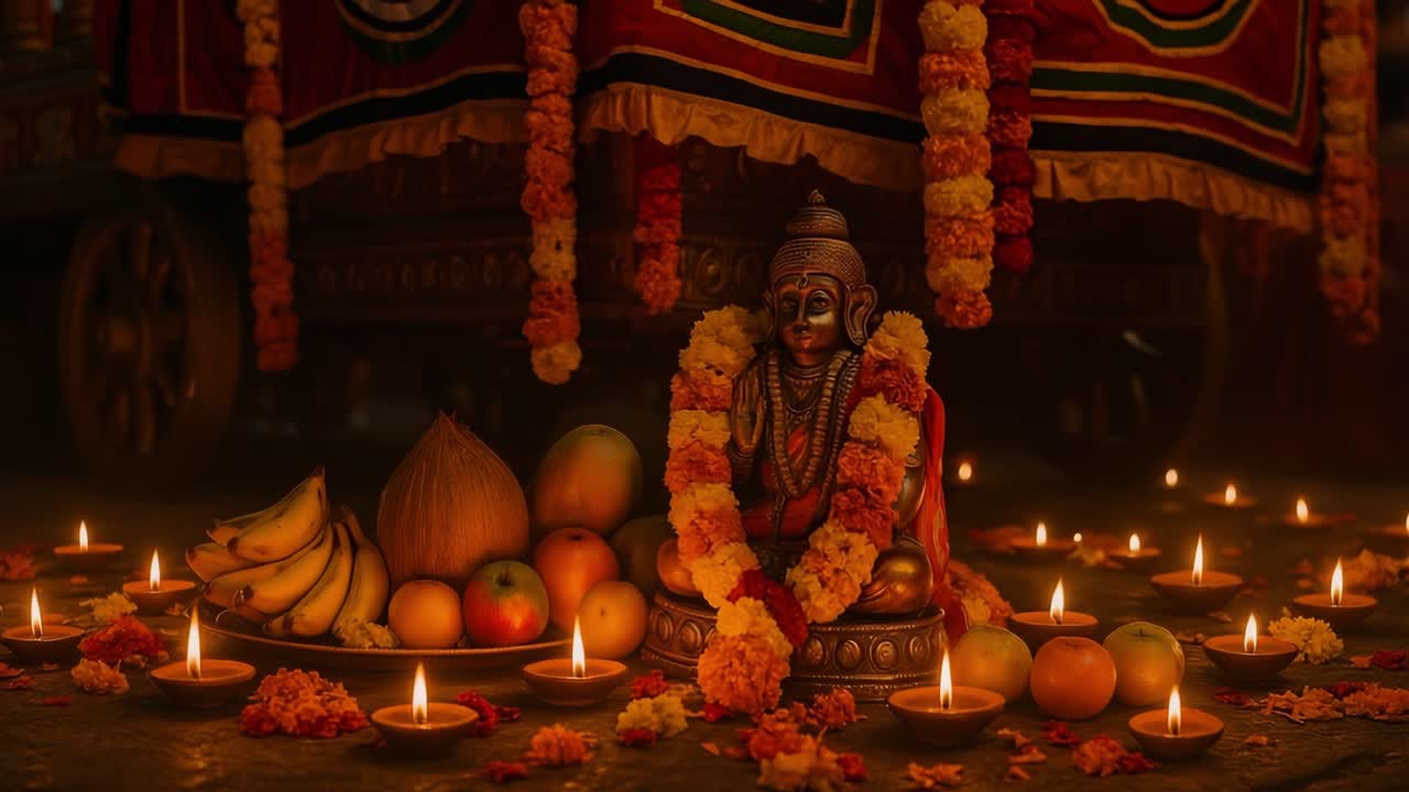 Hindu altar with statue and offerings
