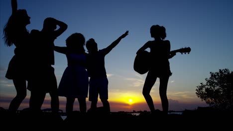 silhouette of males and females enjoying beach sunset