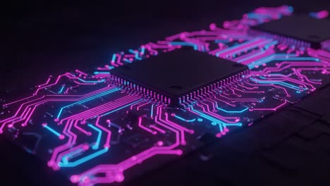 a close-up view of a highly detailed circuit board featuring brightly colored pink and blue neon lights emphasizing the intricate connections between electrical components