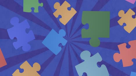 Animation-of-colorful-puzzles-floating-over-rotating-blue-background