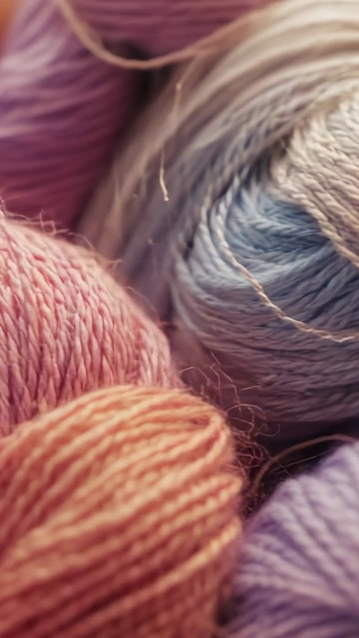 Vertical video: Showing pink skein on tabletop, panning right revealing lavender and blue skeins