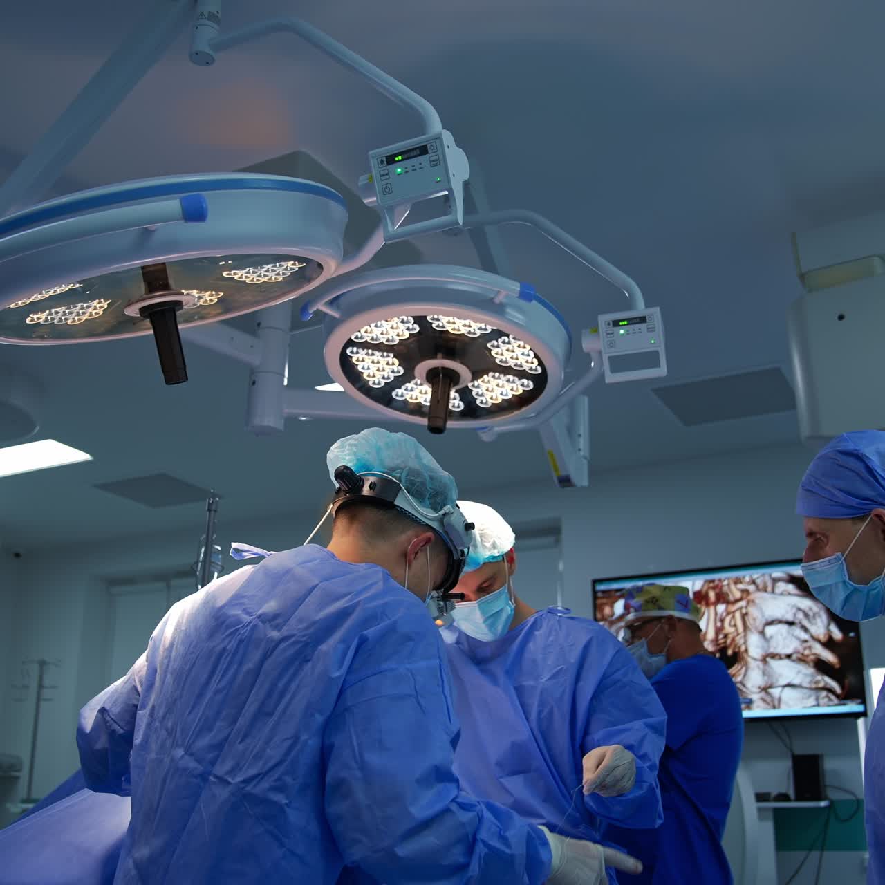 Male team of surgeon standing under the big lamps in modern surgery room. Screen working at backdrop in operational theatre. Low angle view