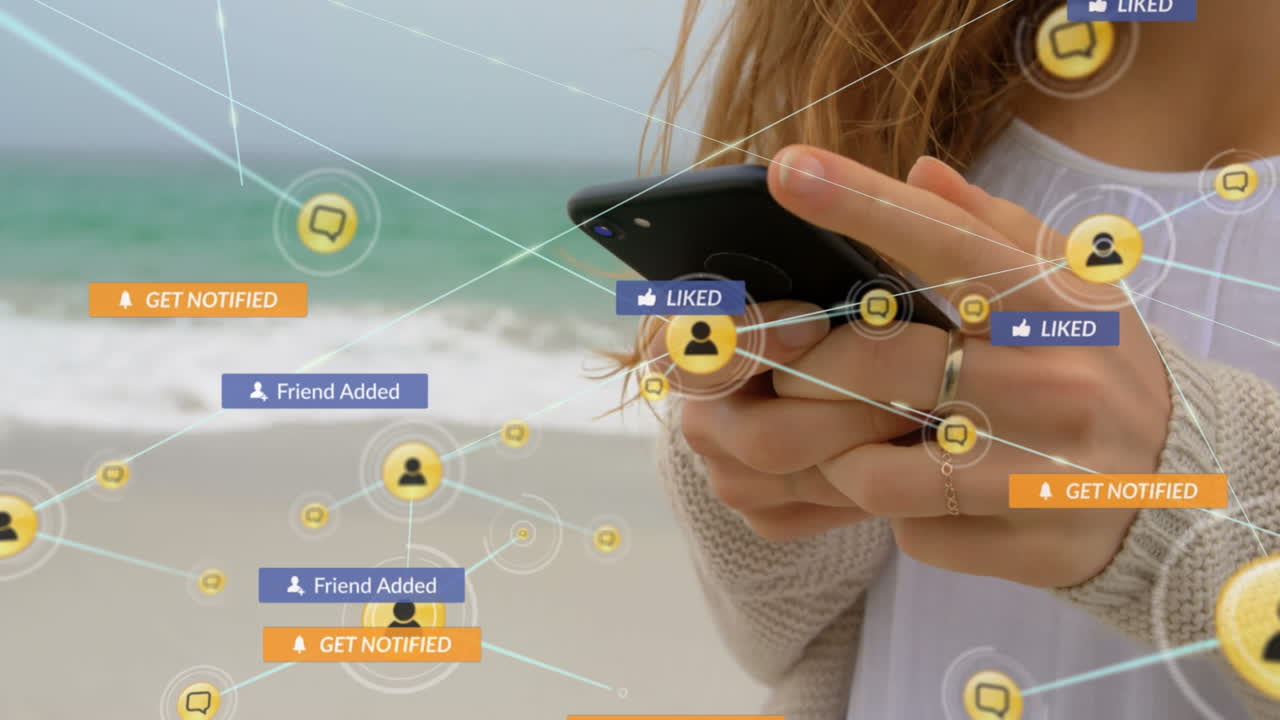 스마트 폰을 사용하는 백인 여성에 대한 소셜 미디어 아이콘과 연결 네트워크의 애니메이션