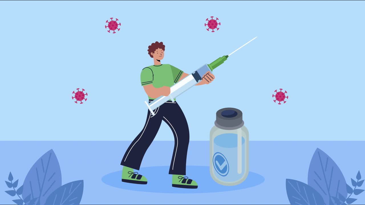 анимация болезни ковид-19 с человеком, поднимающим инъекцию вакцины и флакон