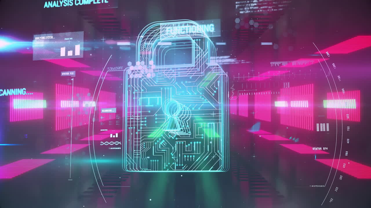 Animation of padlock and digital data processing over neon stripes