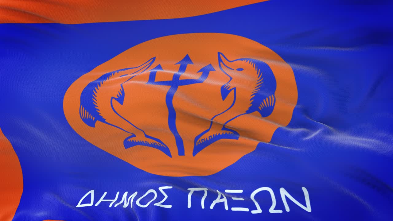 Paxi (Municipality Greece) flag waving in the wind with highly detailed fabric texture. Seamless loop