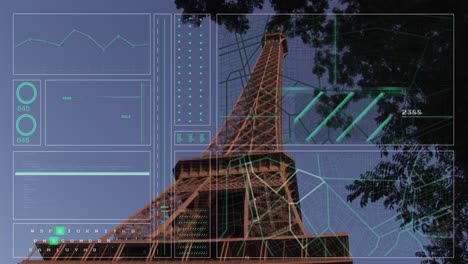 animation of interface with data processing against low angle view of eiffel tower