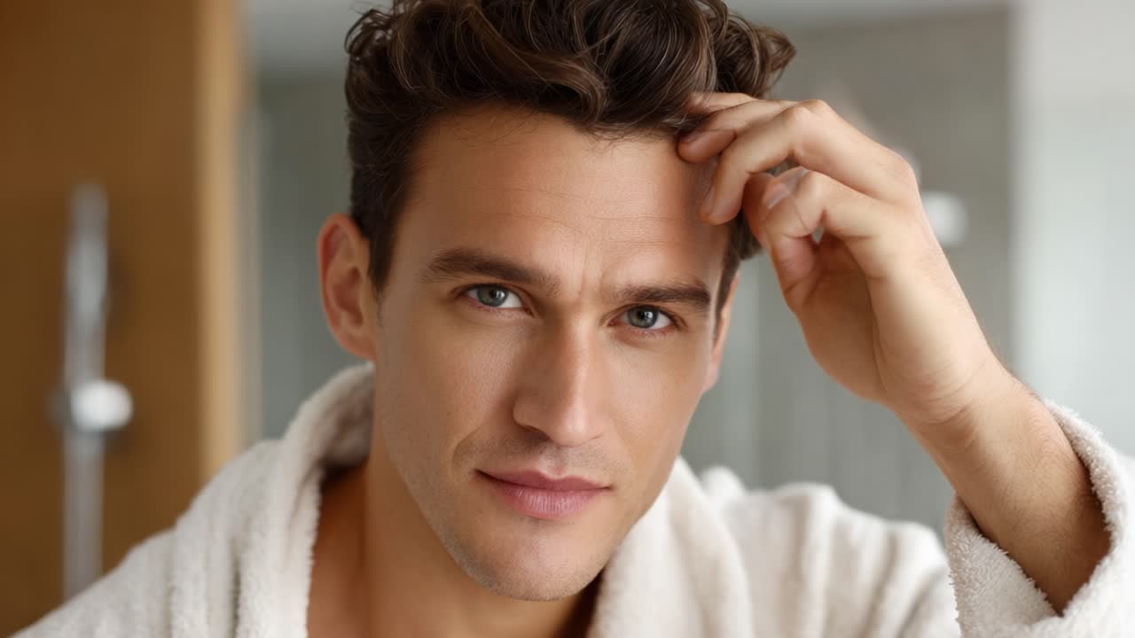 A Close-Up Look at a Young Man in a Bathrobe, Showcasing His Grooming Routine and Capturing the Essence of Freshness and Confidence in a Modern Bathroom Setting