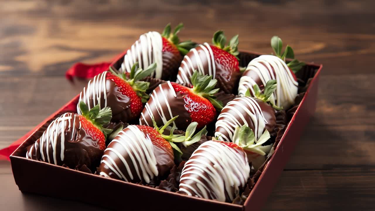 Gourmet chocolate dipped strawberries nestled in elegant gift box, adorned with delicate white chocolate drizzle, resting on rustic wooden surface with luxurious red ribbon