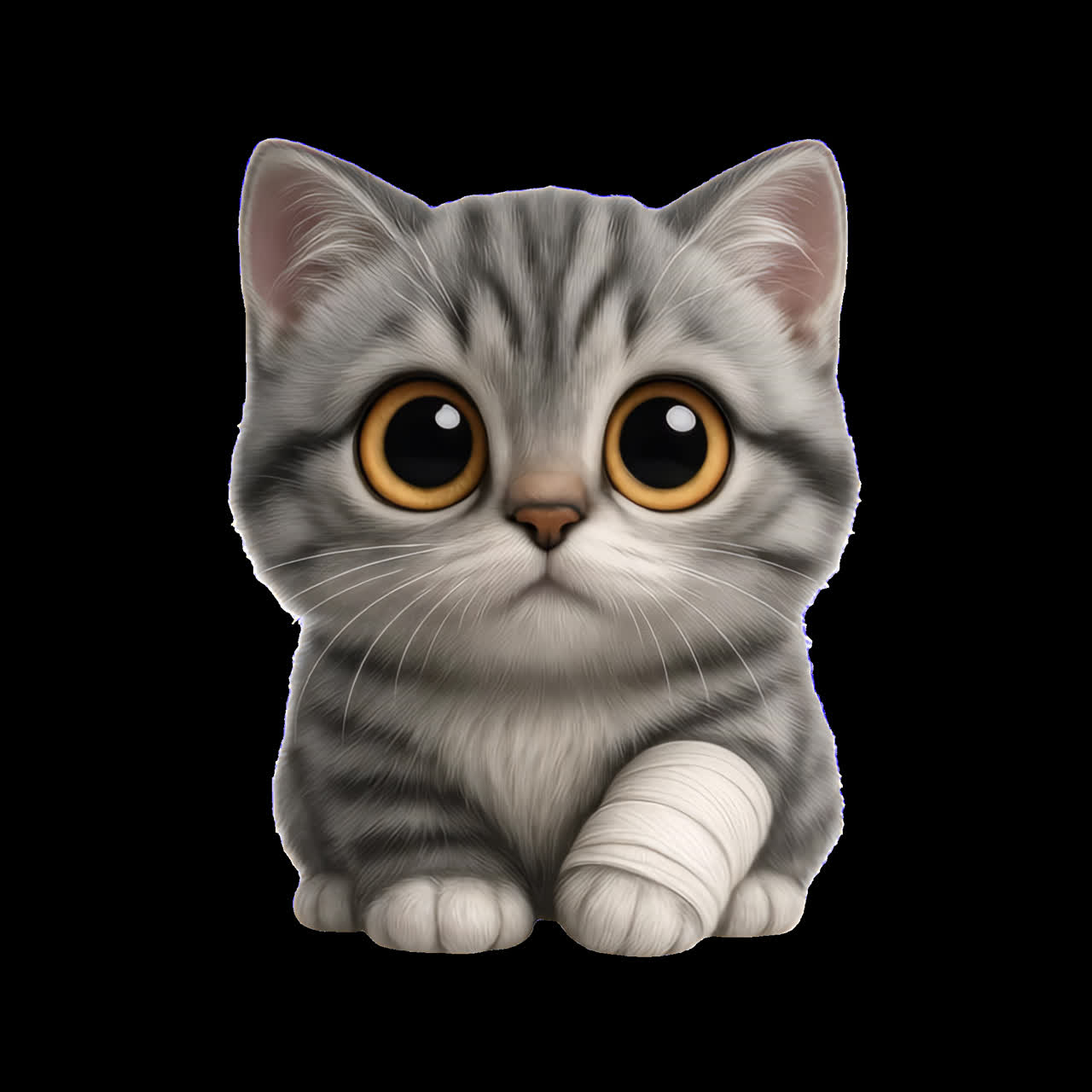 Adorable injured kitten portrait animation isolated asset, transparent 4K video, alpha channel
