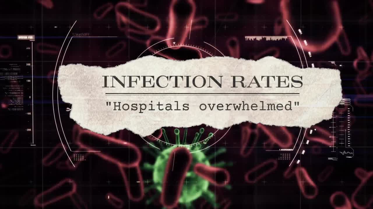 animazione di titoli di giornali su macro cellule covid-19 galleggianti