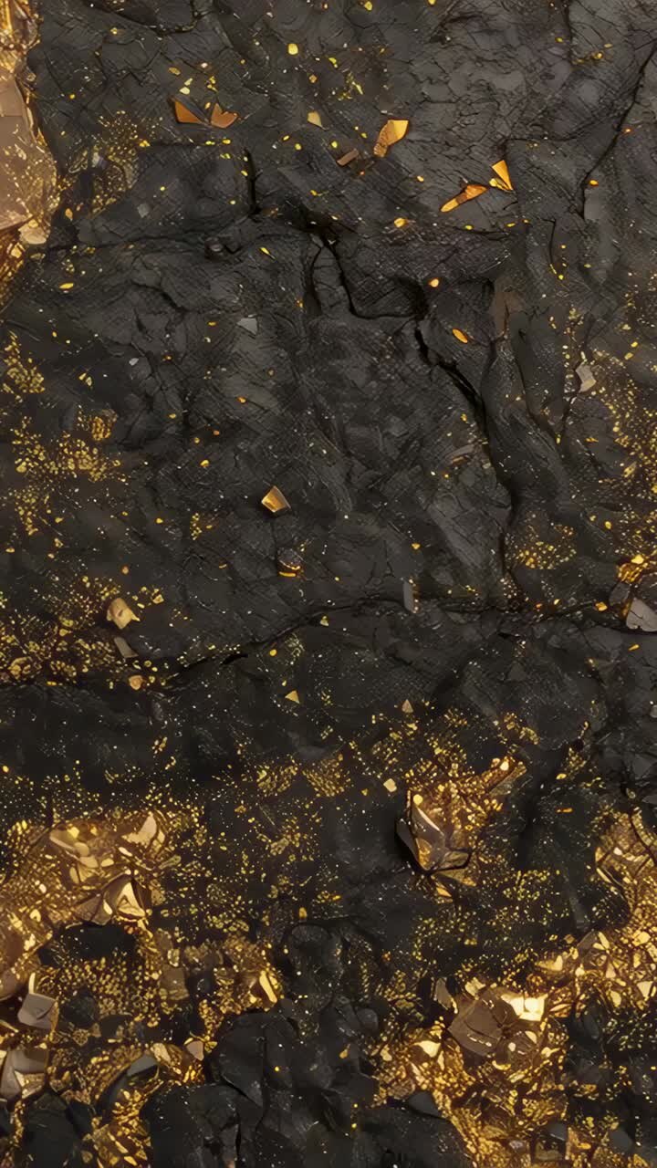 Vertical video: Shifting light revealing textured black panel in studio with gold leaf and resin
