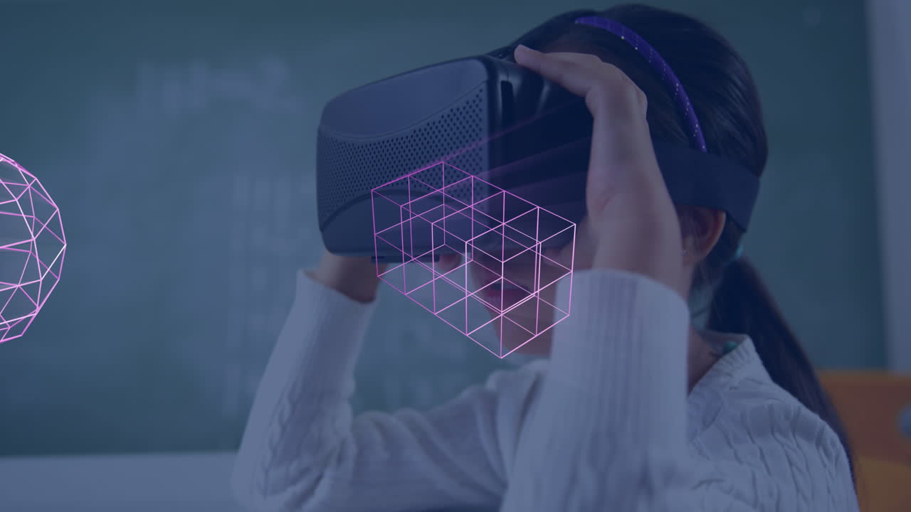 Animation of glowing 3d shapes of data transfer over asian girl in vr headset