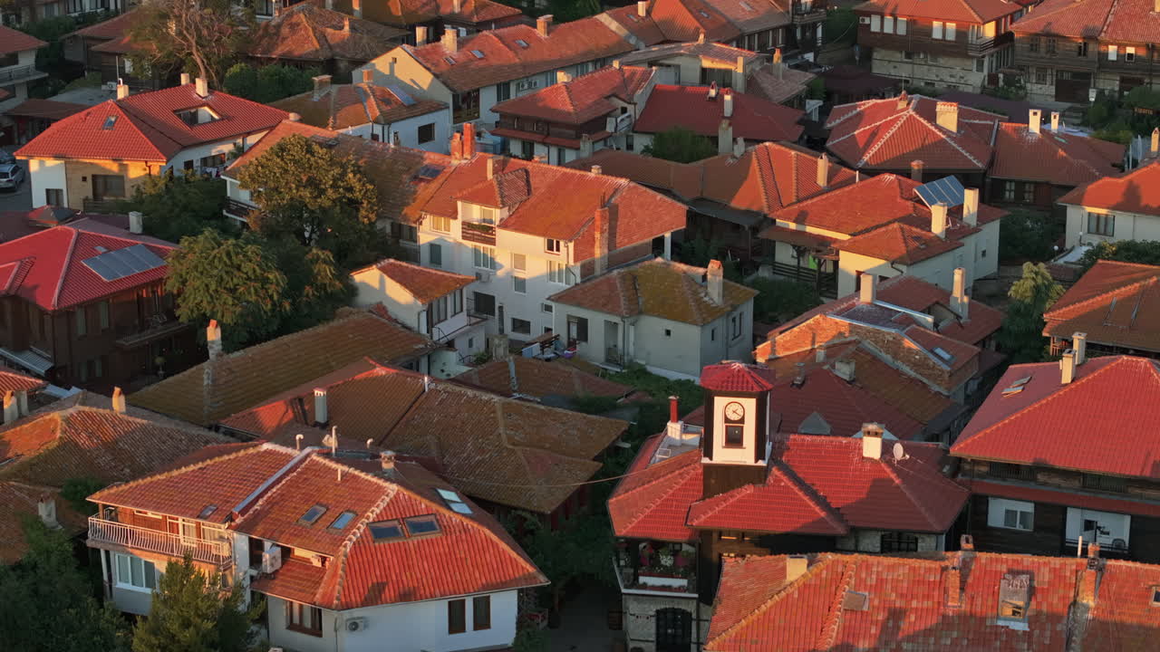 Aerial drone view of the old town Nessebar, Bulgaria at sunset