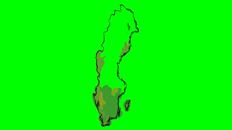 스웨덴은 녹색 화면에 컬러 지도를 그리고 고립 된 화이트 보드를 그립니다.