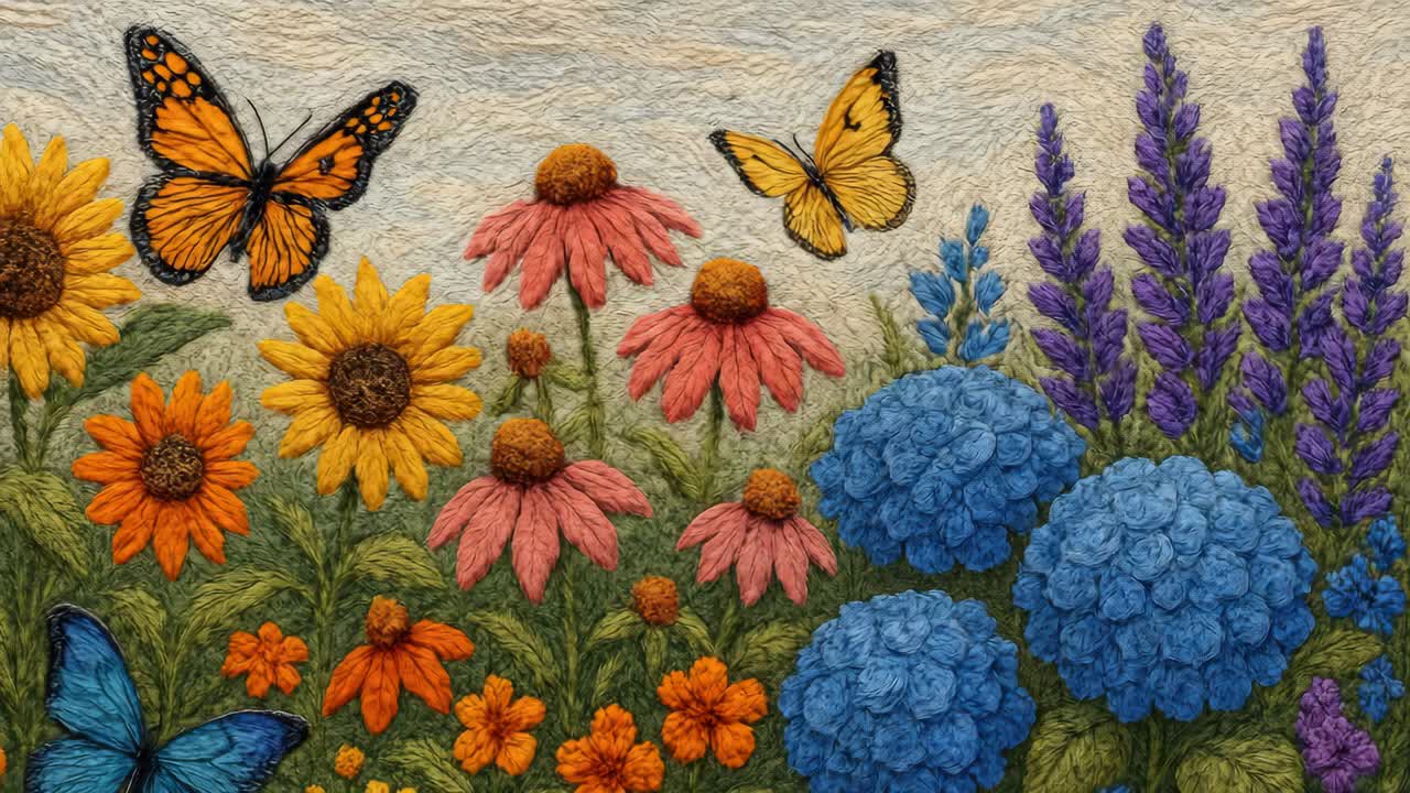 Aerial view of a vibrant embroidered garden with butterflies, showcasing a textured, artistic style
